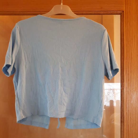 Shein Short Sleeve Tie Front Ribbed Cropped Cardigan - Blue - XL - Picture 3 of 5